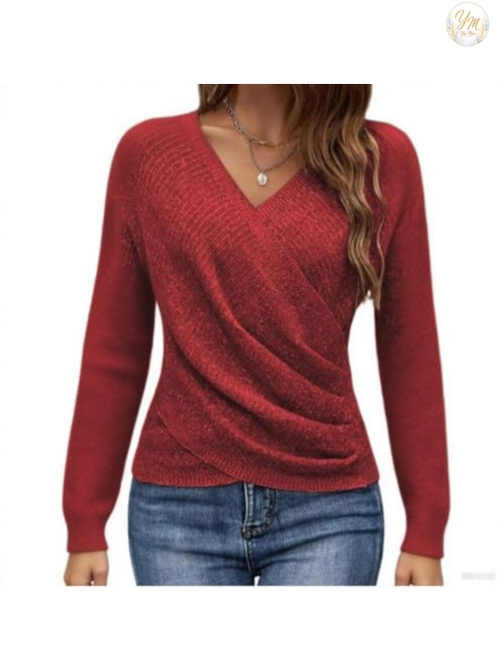 V Neck Sweater Criss Cross Pullover Long Sleeve Knit Casual Fall Top